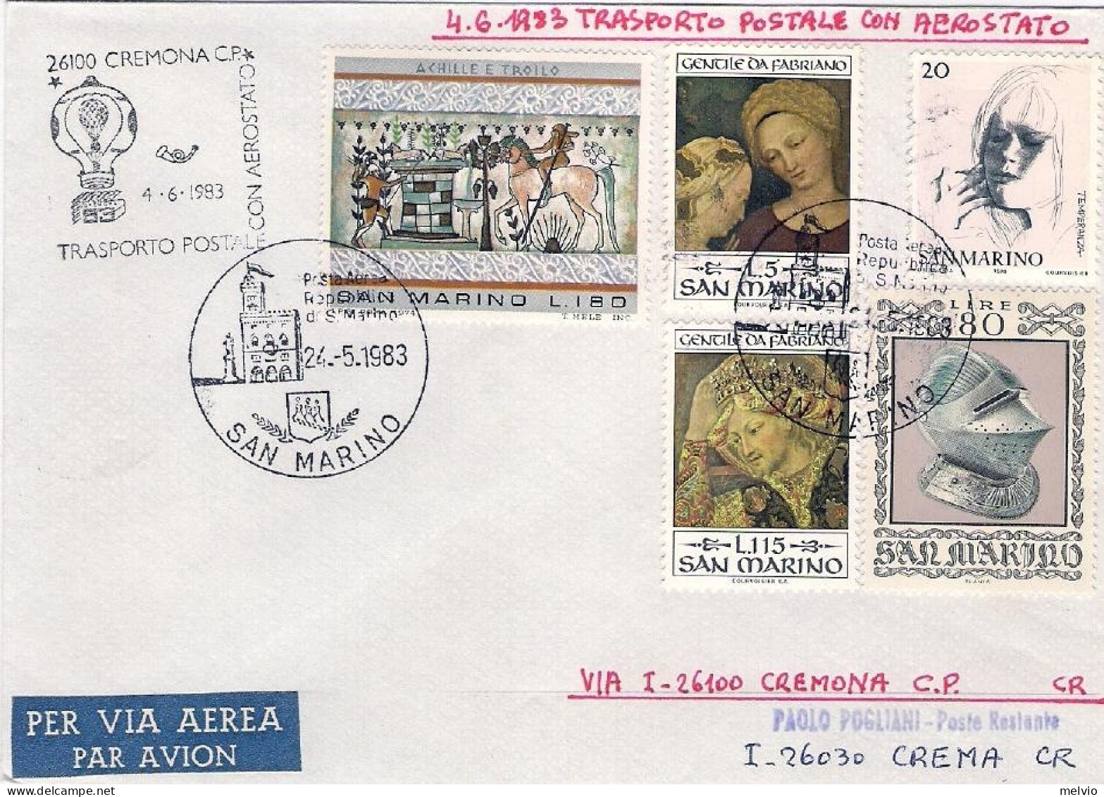 San Marino-1983 Trasporto Postale Con Aerostato Cremona Crema Del 4 Giugno + Eri - Luftpost