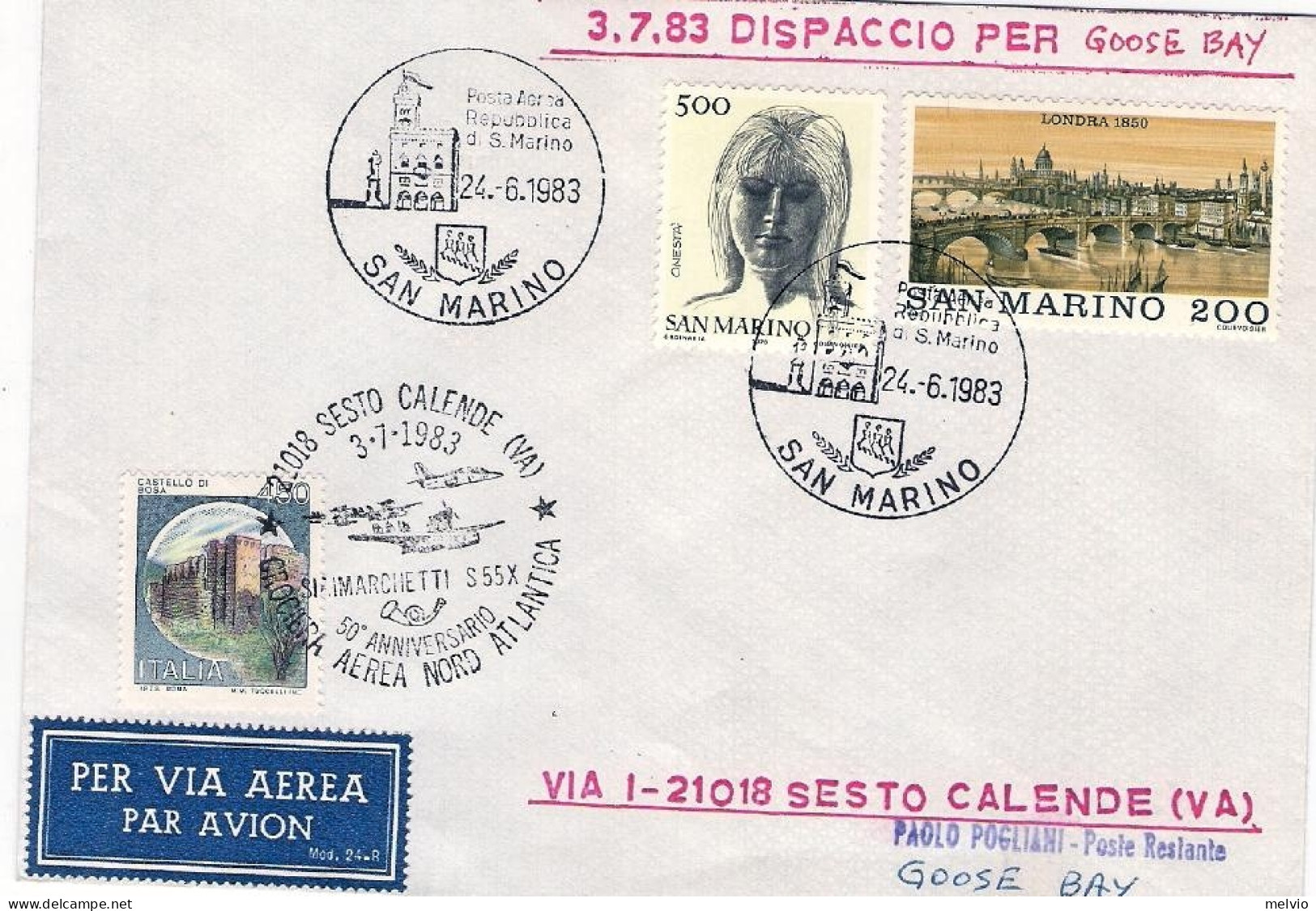 San Marino-1983 Volo Speciale In Formazione Per Il Cinquantenario Della Crociera - Primeros Vuelos