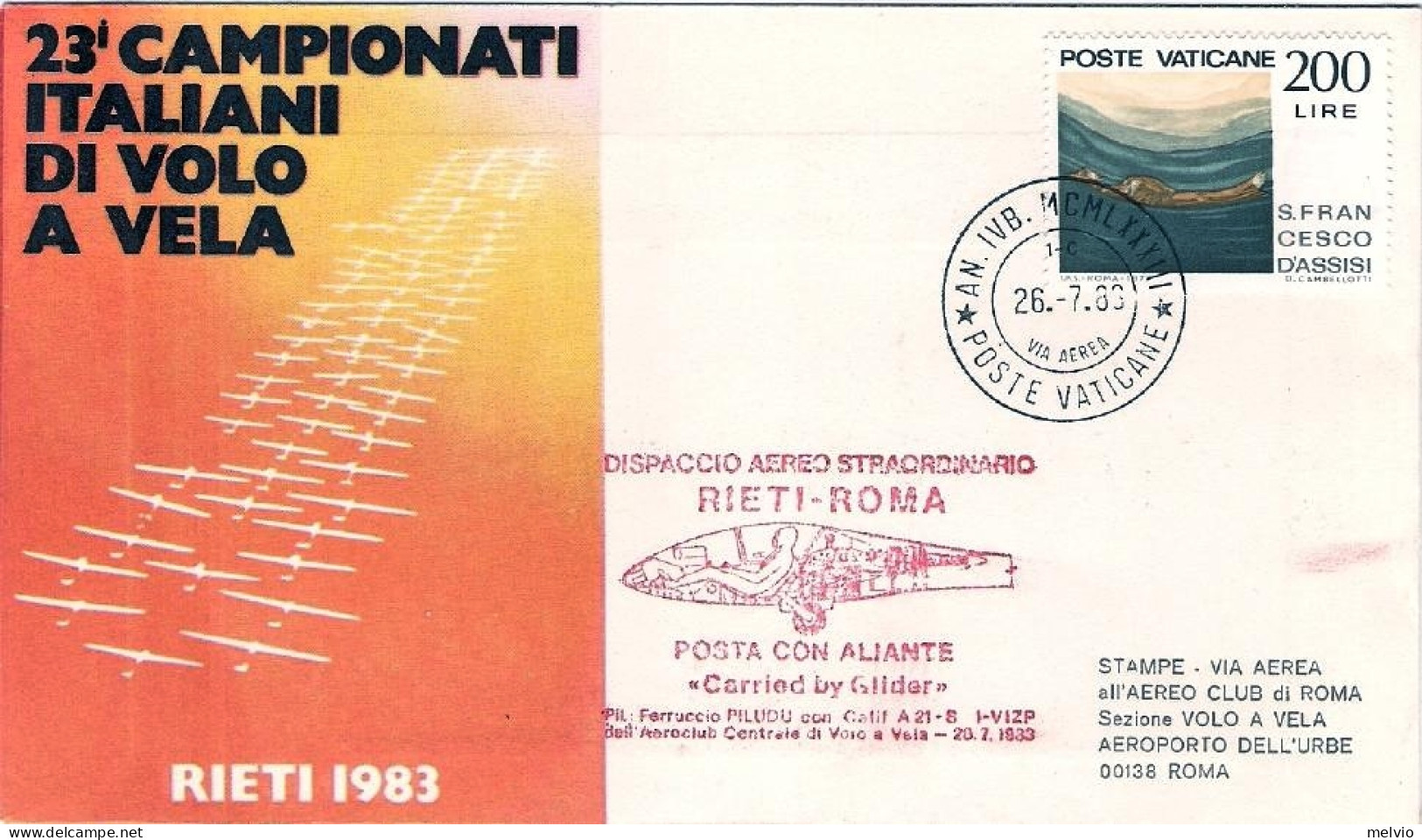 Vaticano-1983 23^ Campionato Italiano DI^volo A Vela Dispaccio Aereo Straordinar - Poste Aérienne