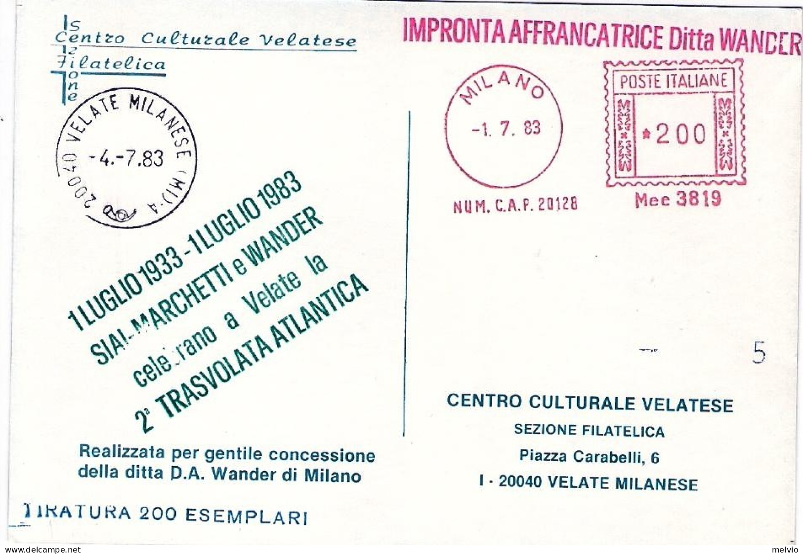 1983-cartolina Celebrativa Della II^trasvolata Atlantica Impronta Affrancatrice  - Máquinas Franqueo (EMA)