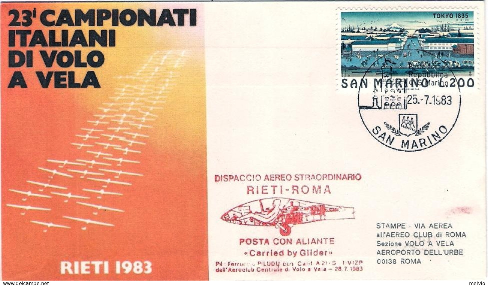 San Marino-1983 23^ Campionato Italiano DI^volo A Vela Dispaccio Aereo Straordin - Luftpost