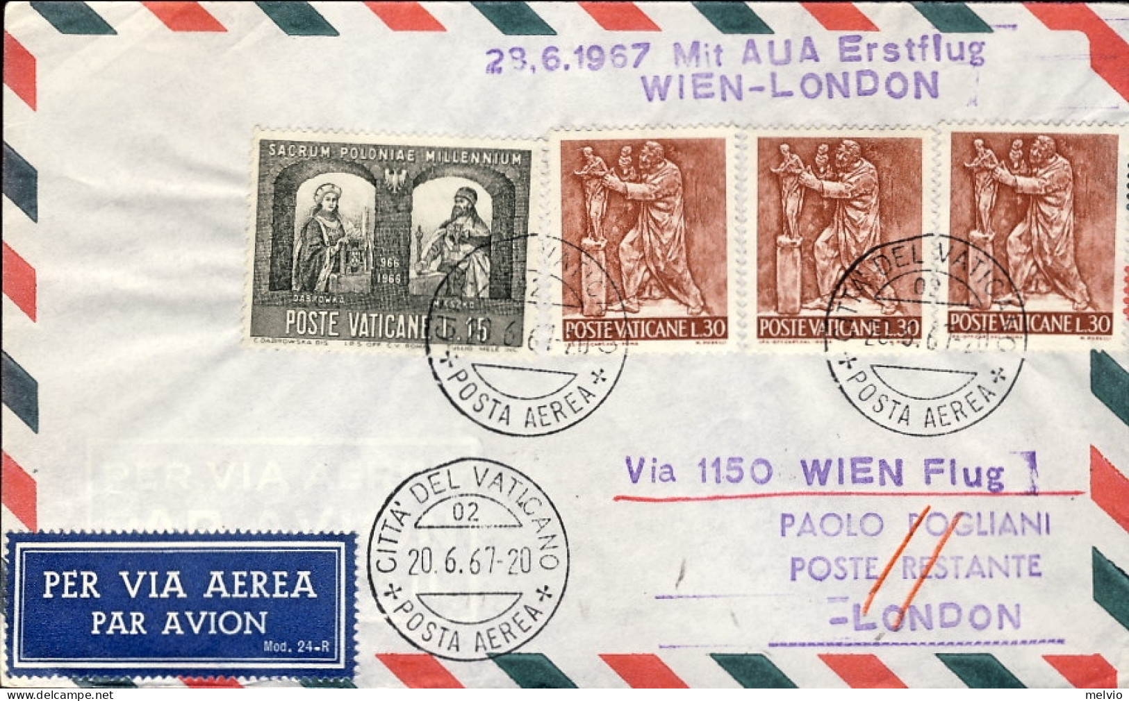 Vaticano-1967 I^volo AUA Vienna-Londra Del 28 Giugno - Luftpost