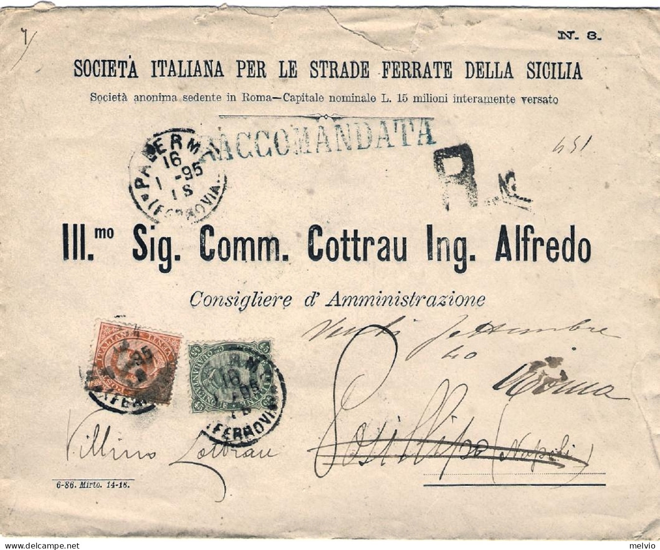 1895-raccomandata Della Societa' Della Ferrovia Sicula Occidentale Affrancata 20 - Marcofilie