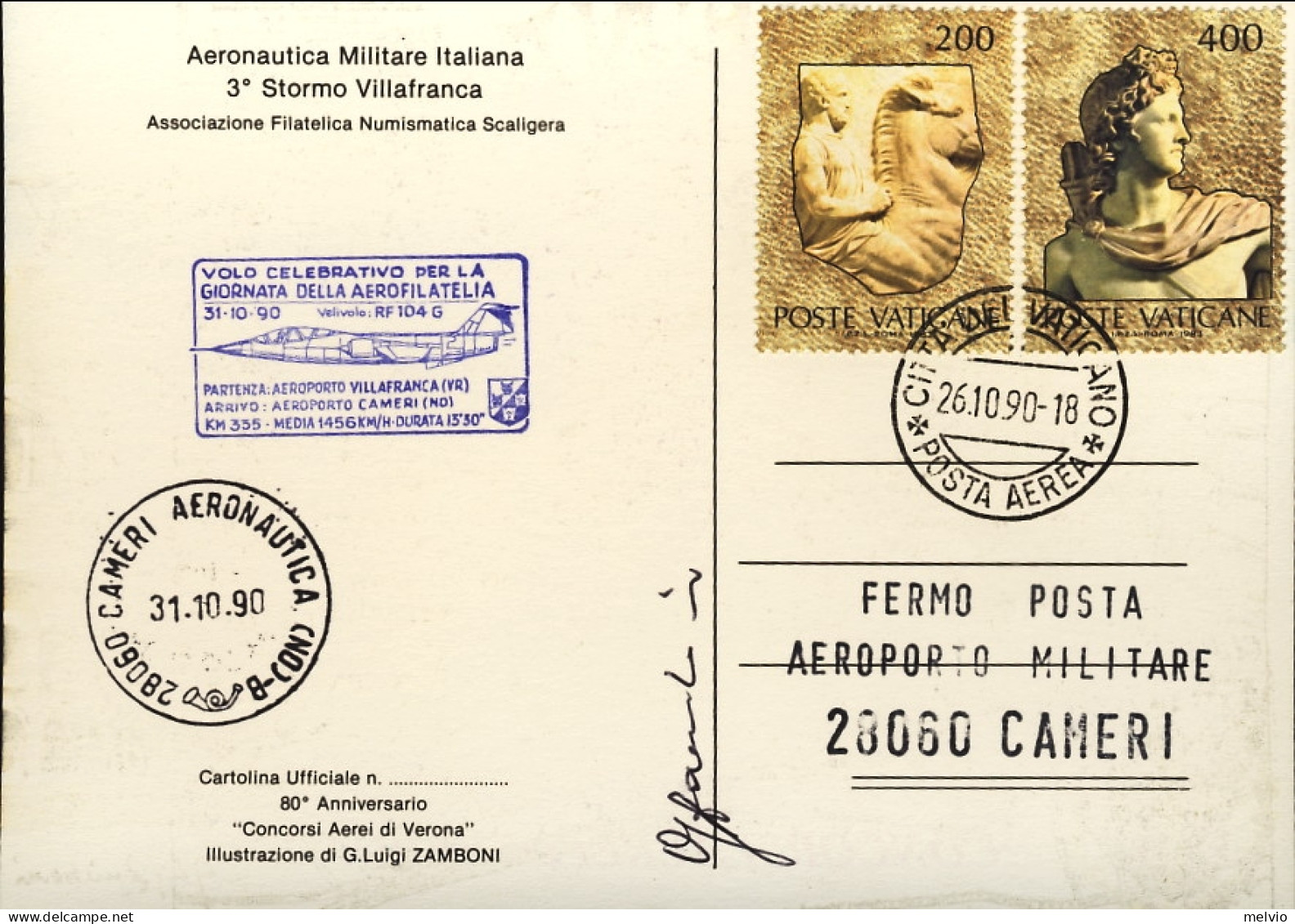 Vaticano-1990 Cartolina Commemorativa 80^ Anniversario Concorsi Aerei Di Verona, - Airmail