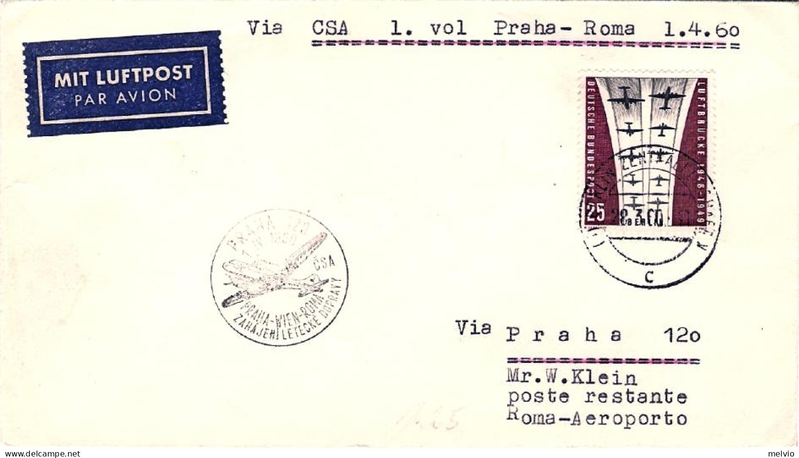 1960-Germania Berlino I^volo CSA Praga Roma Del 1 Aprile Posta Da Berlino Ovest  - Cartas & Documentos