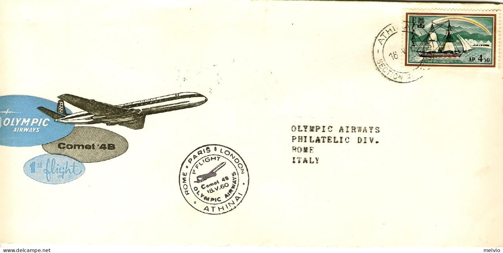 1960-Grecia I^volo Olympic Airways Atene Roma Del 18 Maggio - Storia Postale