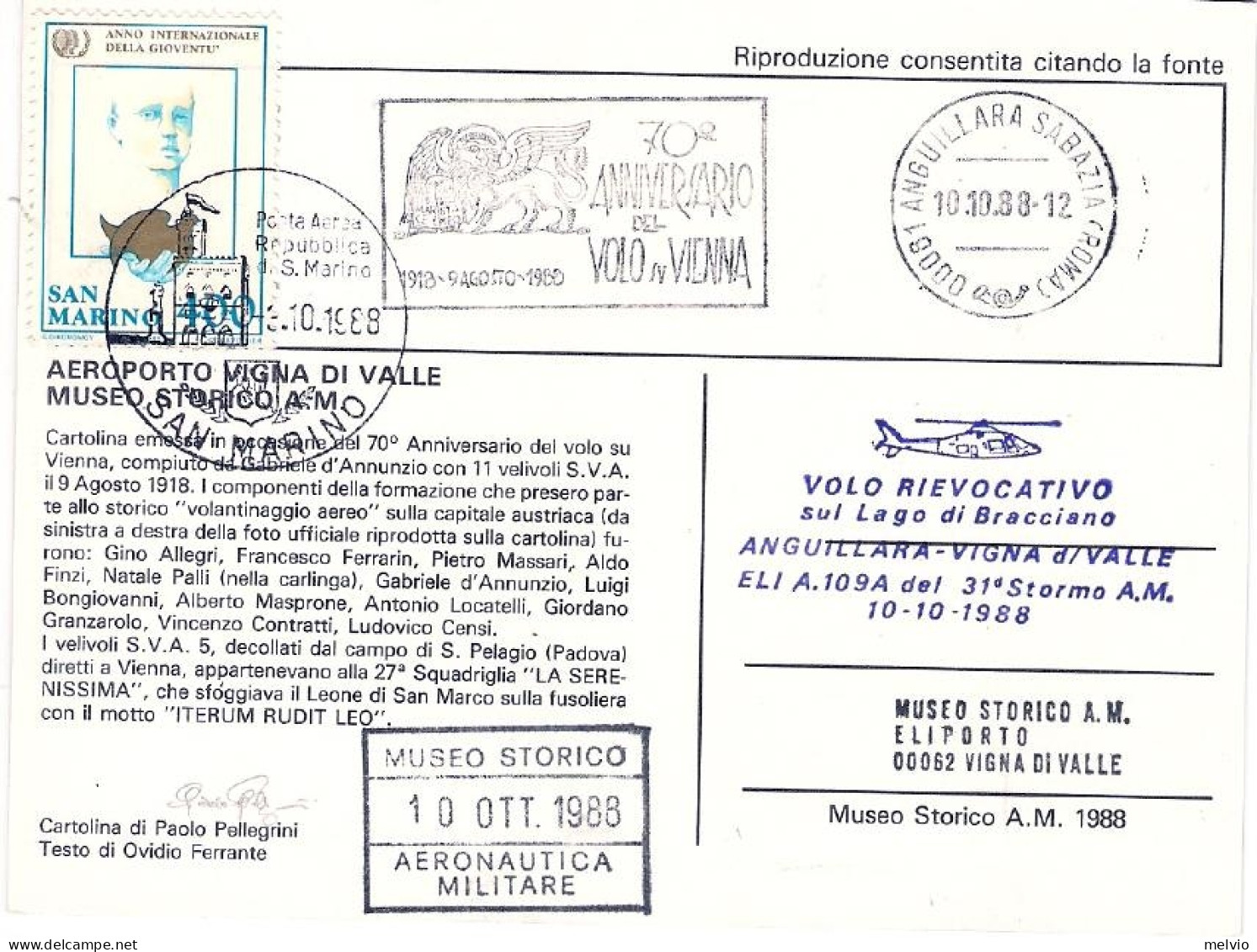 San Marino-1988 Cartolina 70^ Anniversario Del Volo Su Vienna Firmata Dall'autor - Airmail