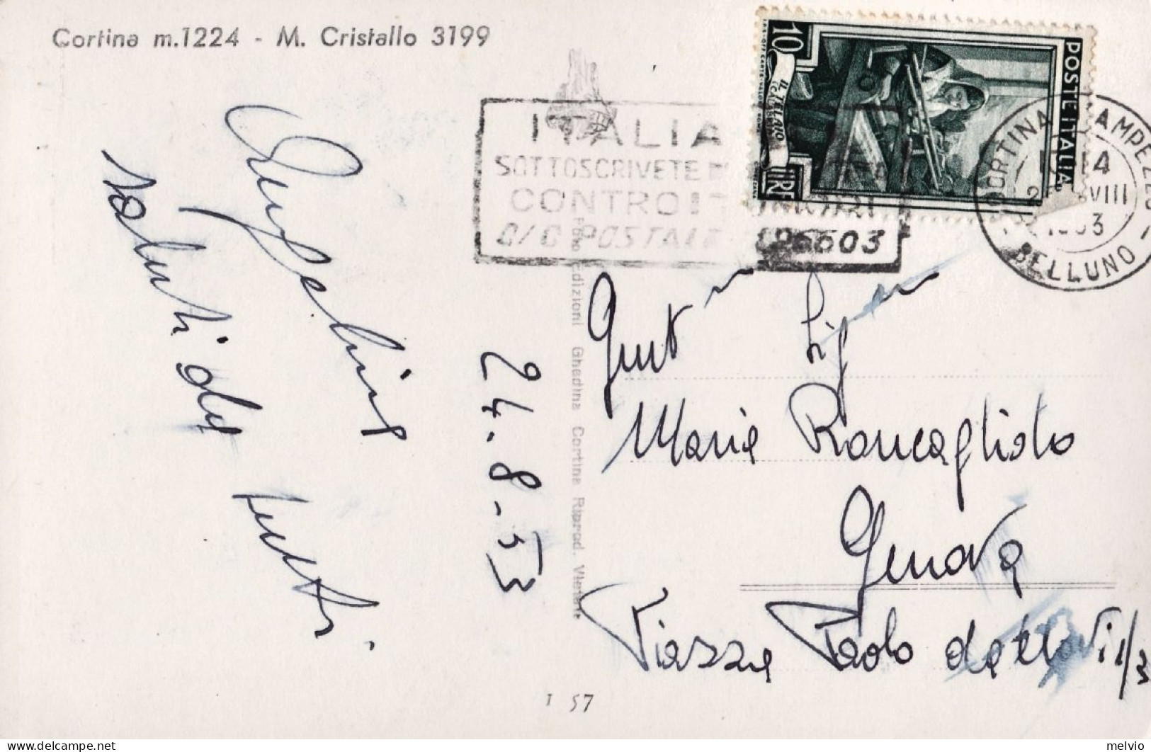 1953-Belluno Cortina D'Ampezzo, Cartolina Viaggiata - Belluno