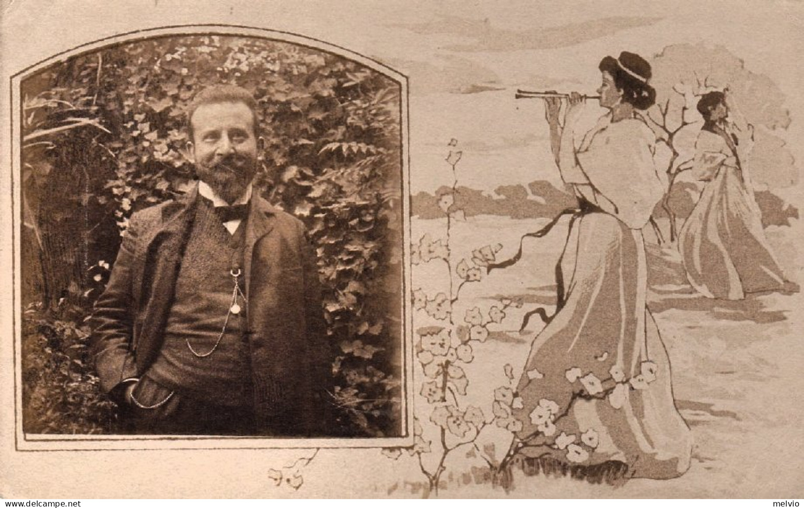 1900circa-cartolina Foto Di Gentiluomo In Posa Con Disegno Stile Liberty Di Muse - Antichità