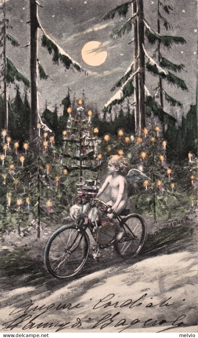 1900-Buon Natale Simboli Augurali (angelo Su Bicicletta E Abeti Addobbati), Cart - Birth