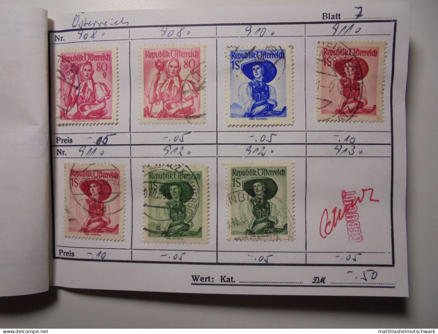 Auswahlheft Nr. 390 20 Blätter 105 Briefmarken  Österreich ca. 1935-1962/Mi Nr. 577-1118, unvollständig