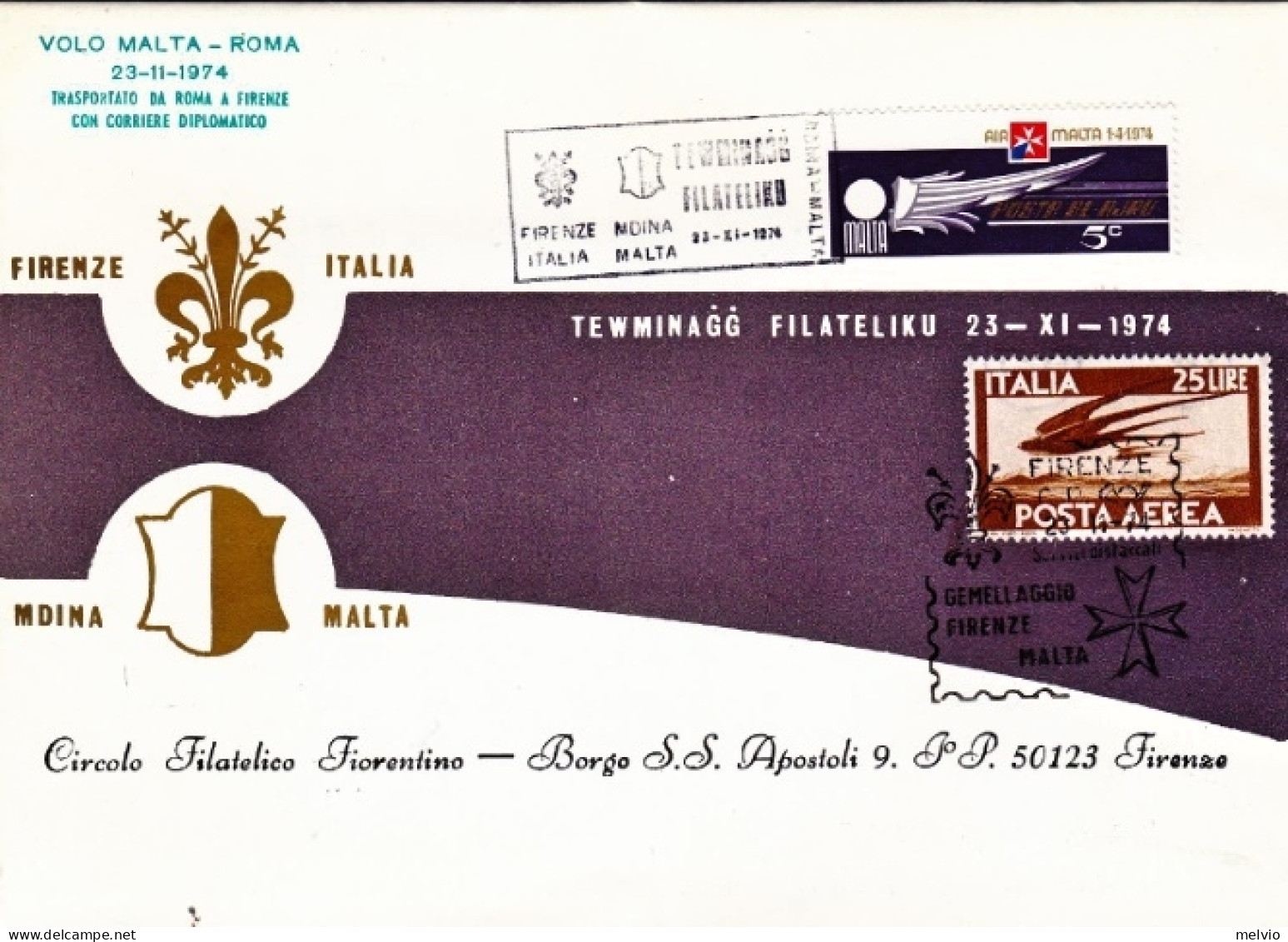 1974-Malta Depliant Illustrativo Gemellaggio Firenze Mdina Con 4 Vedute, Bollo T - Malta