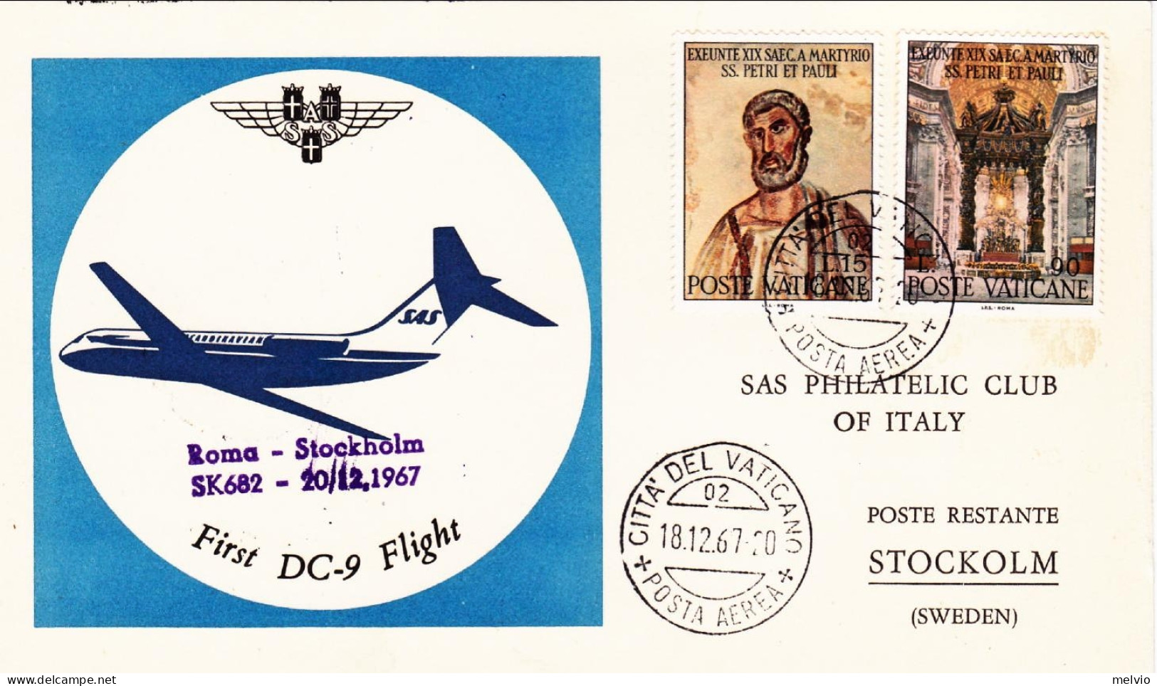 Vaticano-1967 Cartolina Ufficiale SAS I^volo Dc 9 Roma Stoccolma Del 20 Dicembre - Luftpost