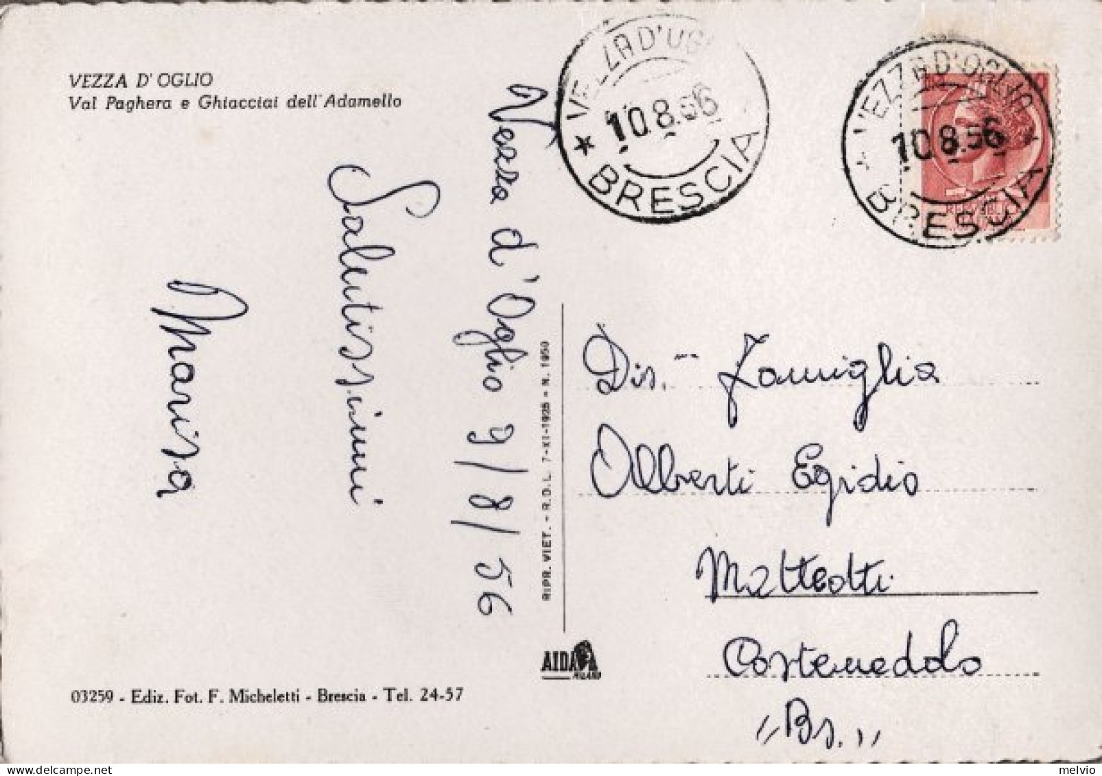 1956-Brescia Vezza D'Oglio Val Paghera, Cartolina Viaggiata - Brescia