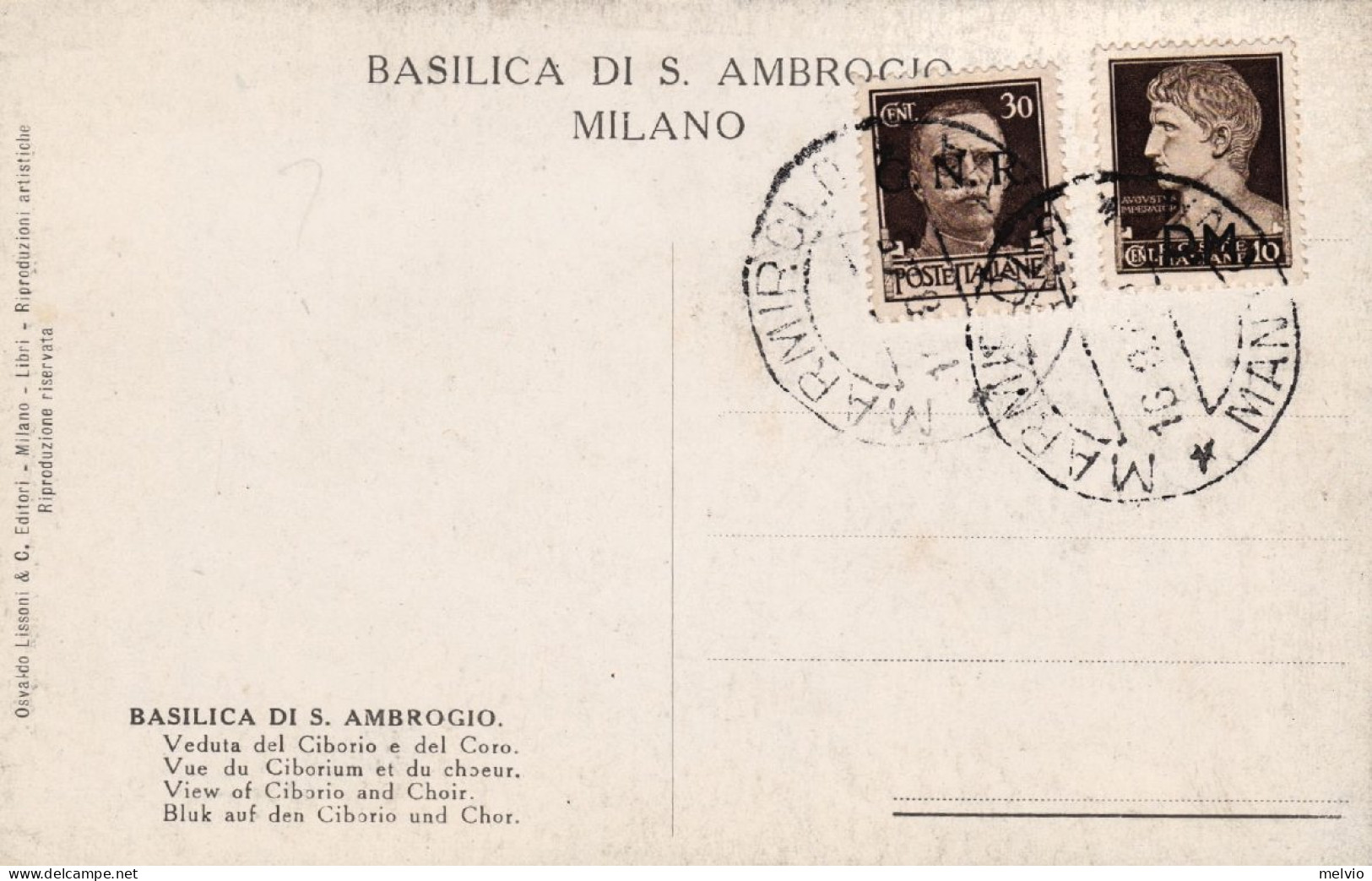 1945-RSI Basilica Di S.Ambrogio Milano Affrancata 30c. GNR+10c.PM - Marcophilie