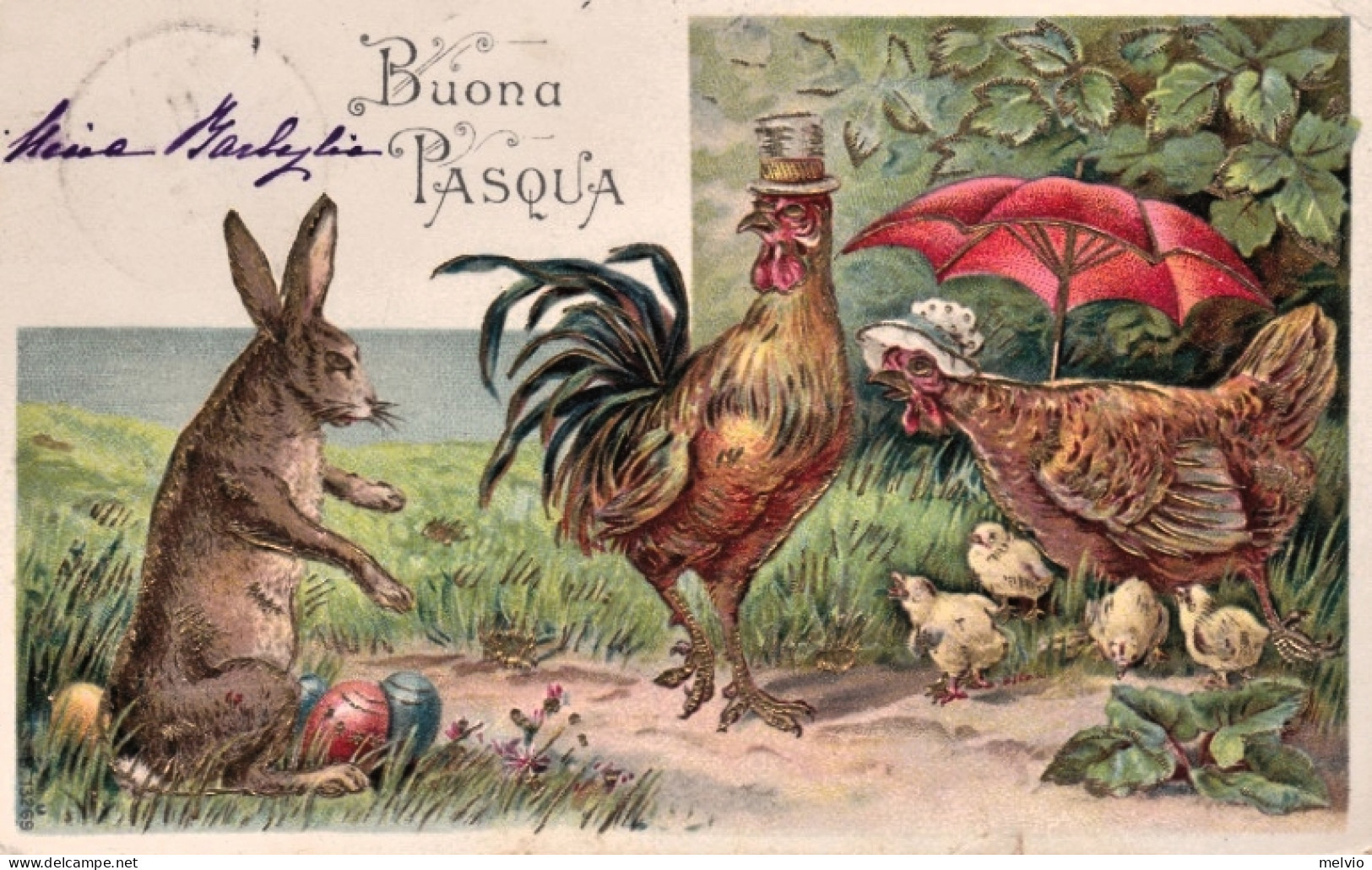 1900circa-Buona Pasqua Lepre E Galline, Cartolina Augurale Viaggiate - Pâques