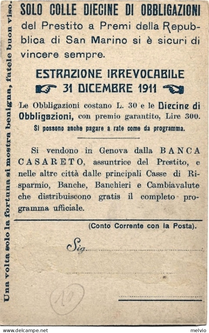 1911-San Marino Piazza Dell Liberta',al Verso Testo Pubblicitario Per Obbligazio - Storia Postale