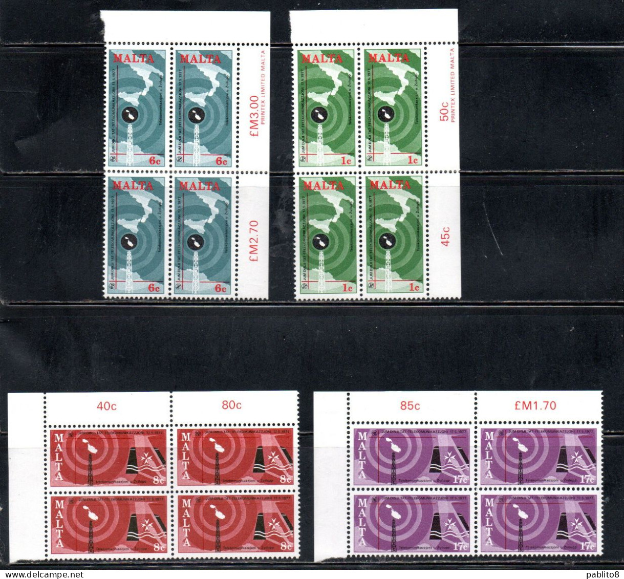 MALTA 1977 WORLD TELECOMMUNICATION DAY GIORNATA MONDIALE DELLE TELECOMUNICAZIONI COMPLETE SET SERIE COMPLETA BLOCK MNH - Malte