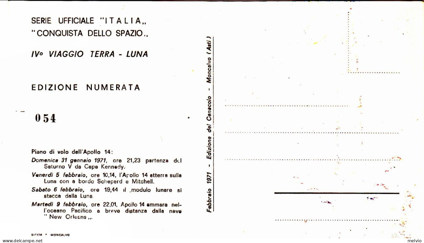 1971-cartolina Ufficiale Numerata Moncalvo (AT) Celebrazione IV Viaggio Terra Lu - 1971-80: Marcofilie