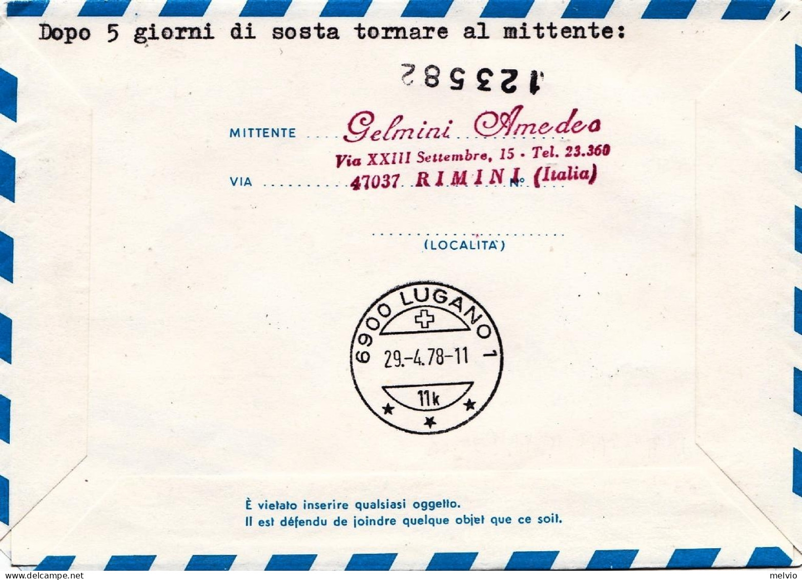 San Marino-1978 L.200 Bollo Volo Speciale Con Elicottero Milano-Lugano - Airmail