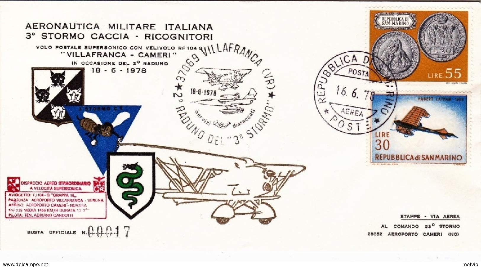 San Marino-1978 Volo Postale Supersonico Dispaccio Aereo Straordinario Villafran - Luftpost