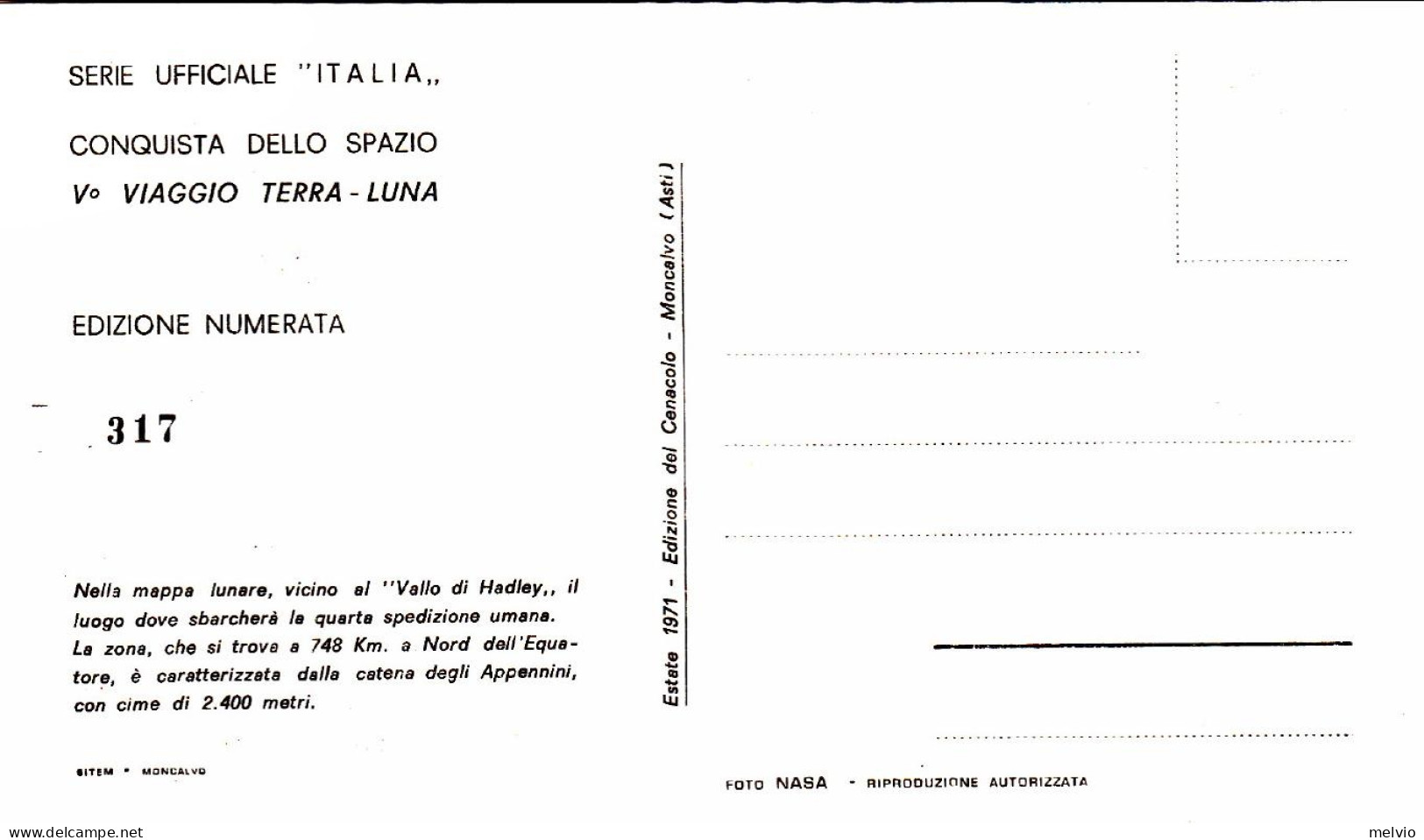 1971-cartolina Illustrata Numerata "conquista Dello Spazio-mappa Lunare, Vallo D - 1971-80: Marcofilie