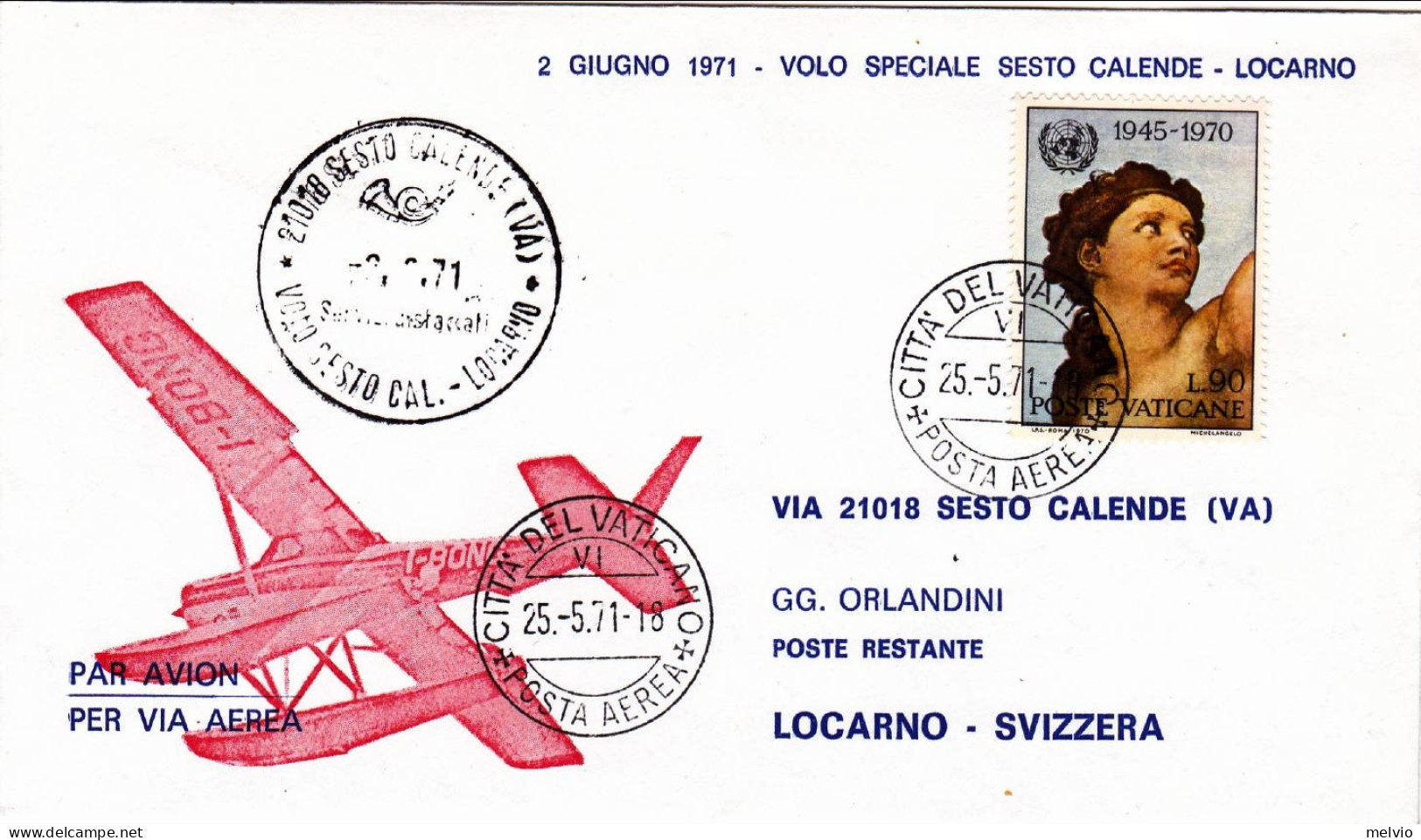 1971-Vaticano Busta Illustrata Per Dispaccio Aereo Con Idrovolante Sesto Calende - Aéreo