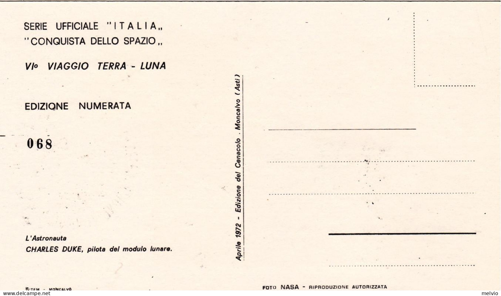 1972-cartolina Illustrata Numerata "conquista Dello Spazio-astronauta C.Duke" An - 1971-80: Marcofilie