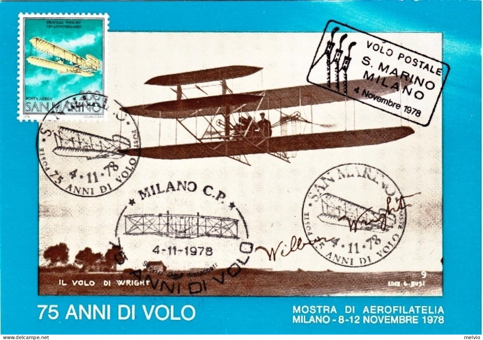 1978-San Marino Cartolina Illustrata Per I 75 Anni DI^volo Fratelli Wright, Boll - Corréo Aéreo