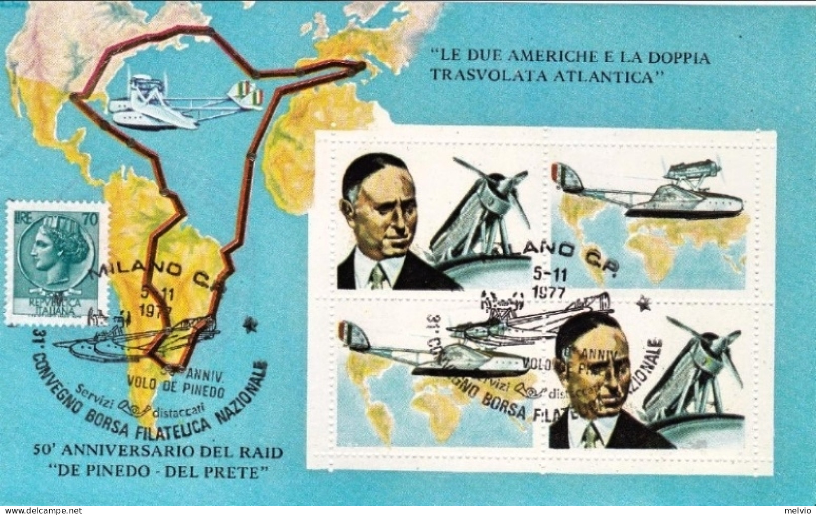 1977-foglietto Commemorativo 50^ Anniversario Della Trasvolata Atlantica Emesso  - 1971-80: Marcofilie