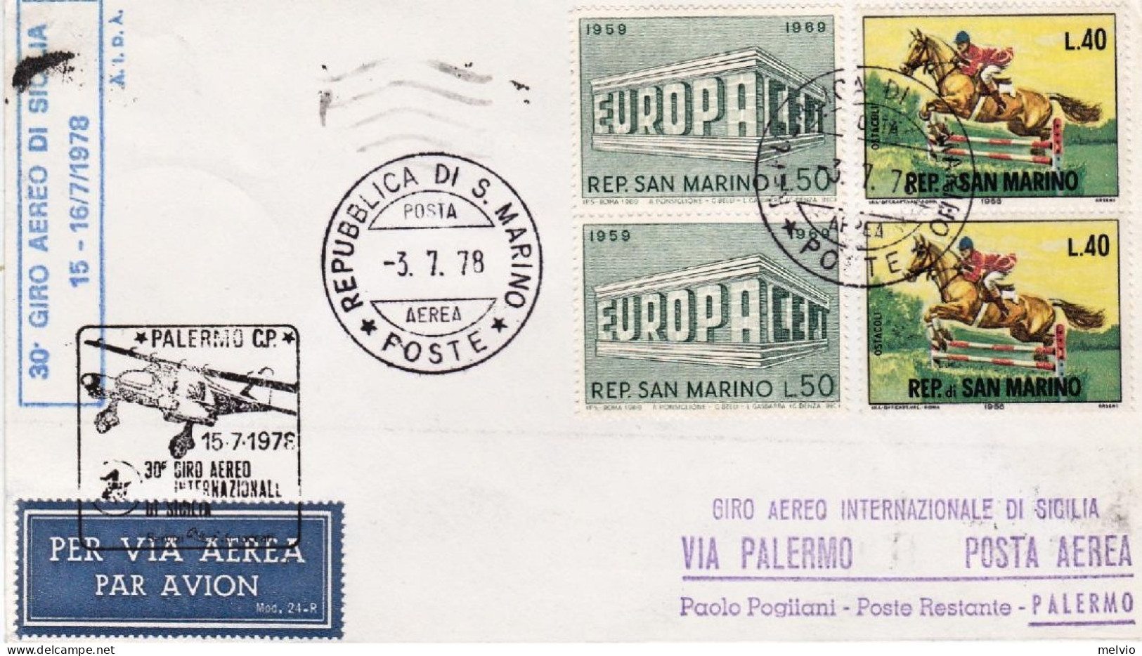 1978-San Marino 30^ Giro Internazionale Di Sicilia Via Trapani Del 15 Luglio - Airmail