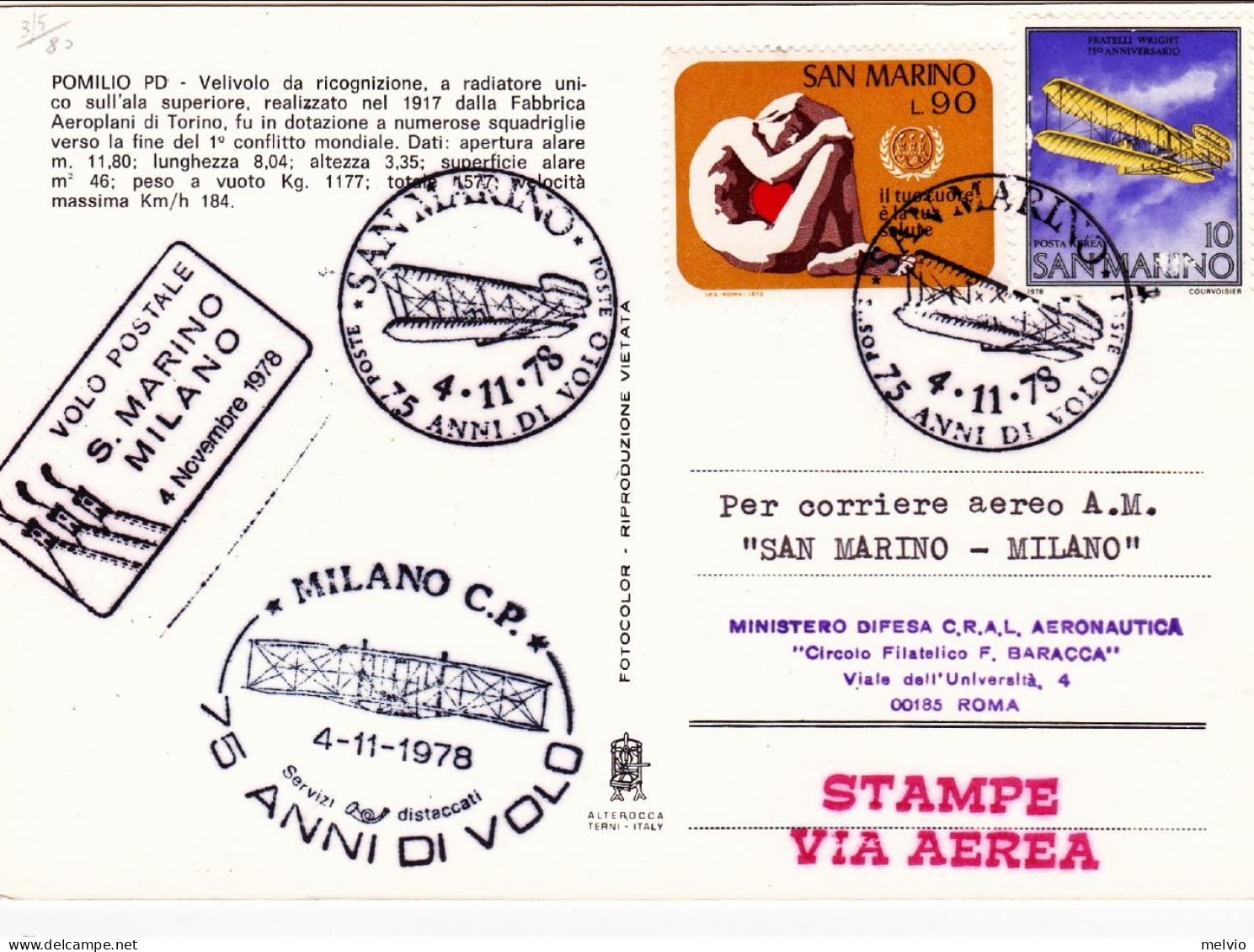 1978-San Marino Cartolina Illustrata Velivolo Da Ricognizione Pomilio PD Per I 7 - Corréo Aéreo