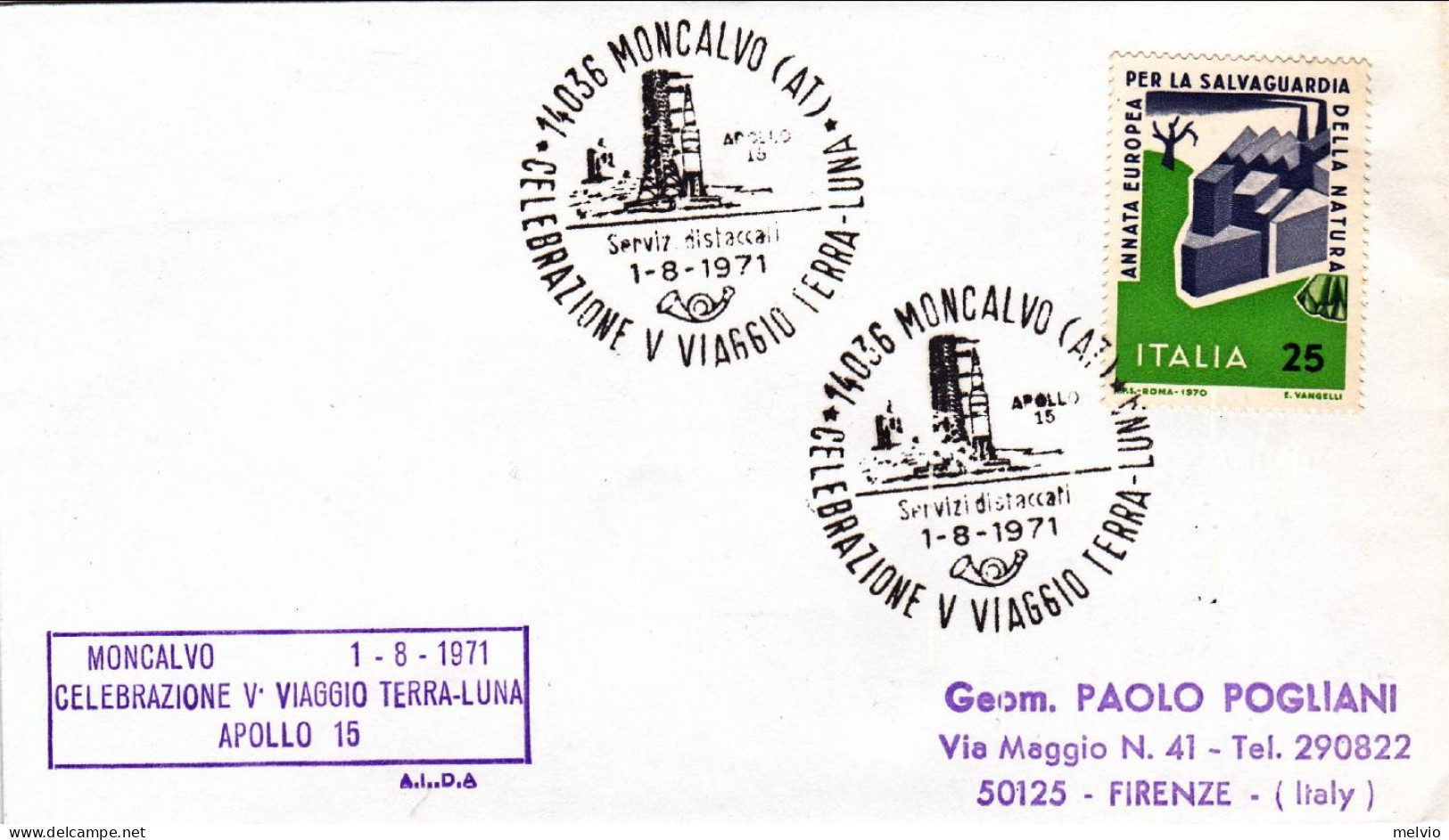 1971-lettera Con Cachet Moncalvo (AT) Celebrazione V Viaggio Terra Luna - 1971-80: Marcofilie