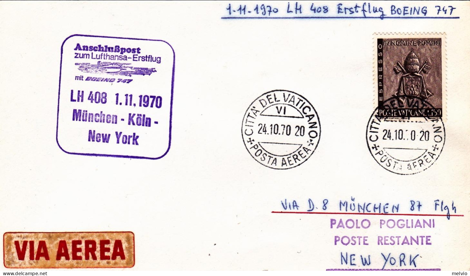 Vaticano-1970 I^volo Lufthansa Boeing 747 LH 408 Monaco-Colonia-New York Del Pri - Airmail