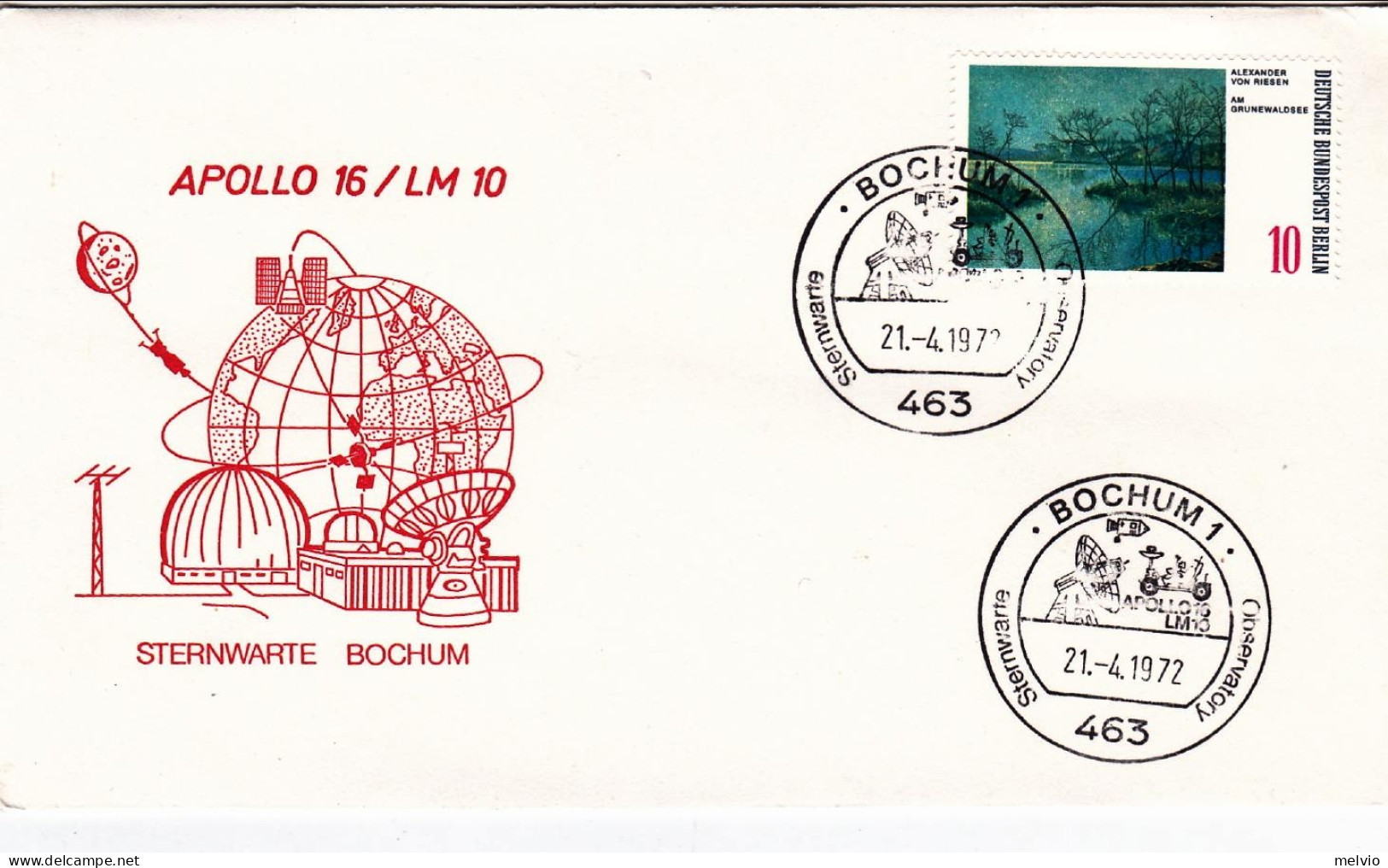 1972-Germania Berlino Busta Illustrata Apollo 16/LM 10 Cachet Bochum 1 Sternwart - Covers & Documents