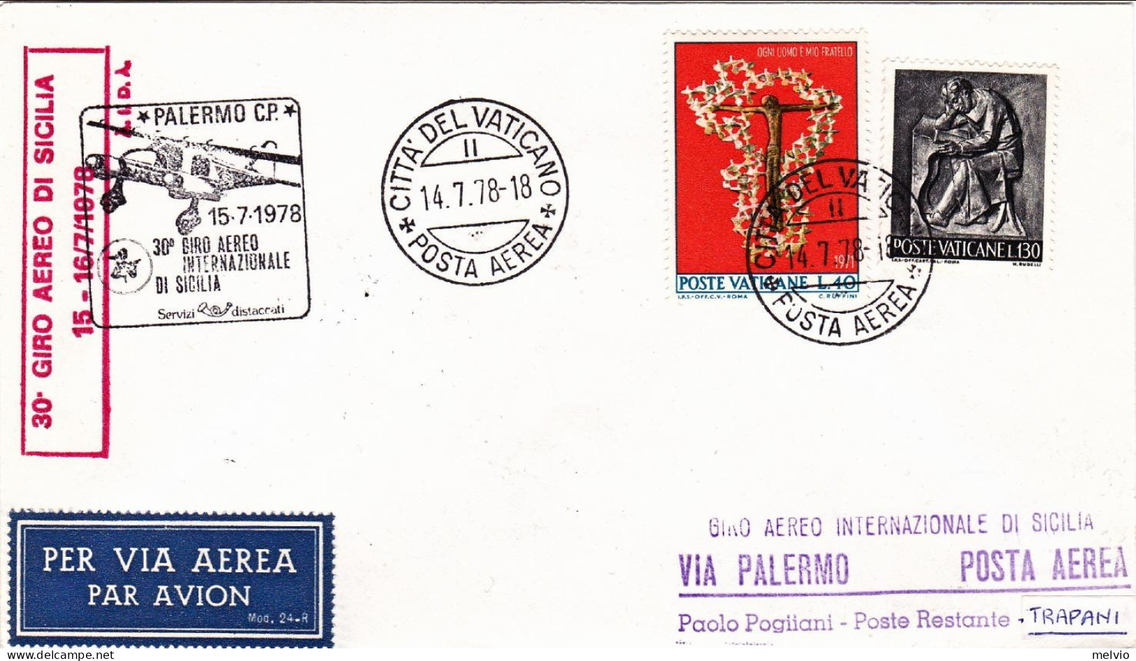 1978-Vaticano 30^ Giro Internazionale Di Sicilia Via Palermo Del 15 Luglio - Airmail