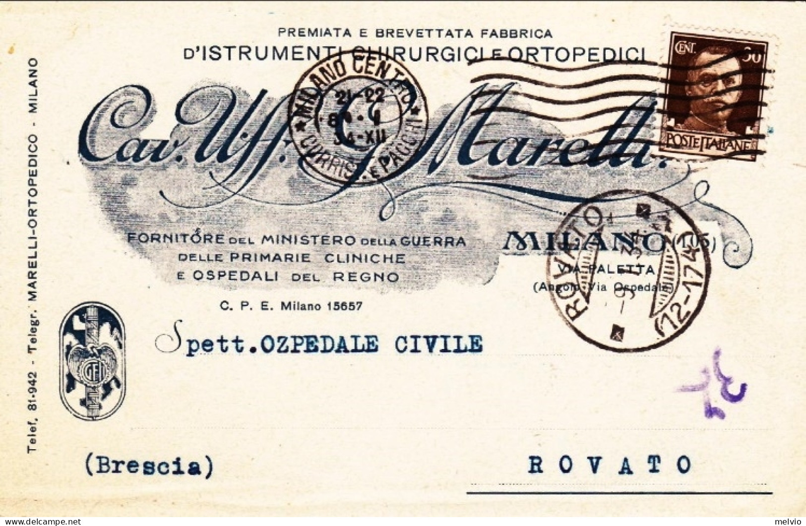 1934-cartolina Ditta Cav.Uff.G.Marelli Milano Premiata E Brevettata Fabbrica Di  - Milano (Milan)