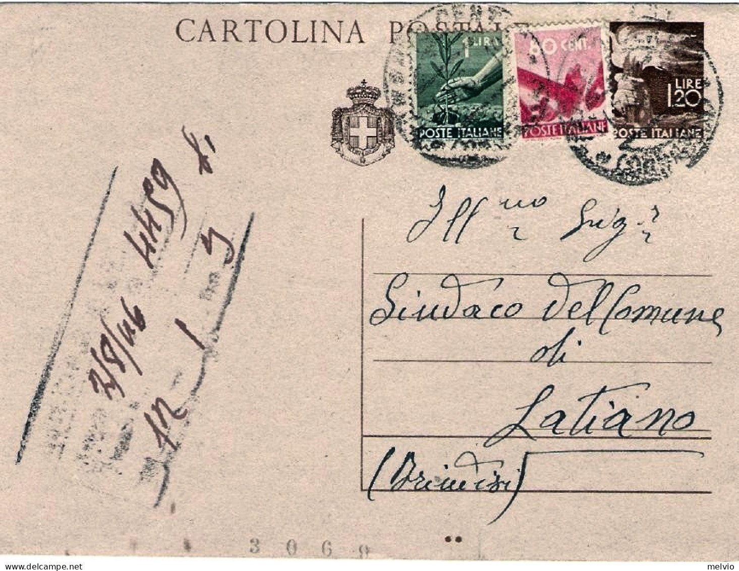1946-Rara Cartolina Postale L.1,20 Su Grigio Camoscio Fiaccola (rara Per La Pres - Interi Postali