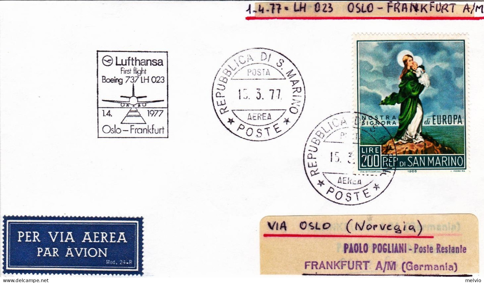 1977-San Marino I^volo Boeing 737 Della Lufthansa LH 023 Oslo Francoforte Dell'1 - Airmail