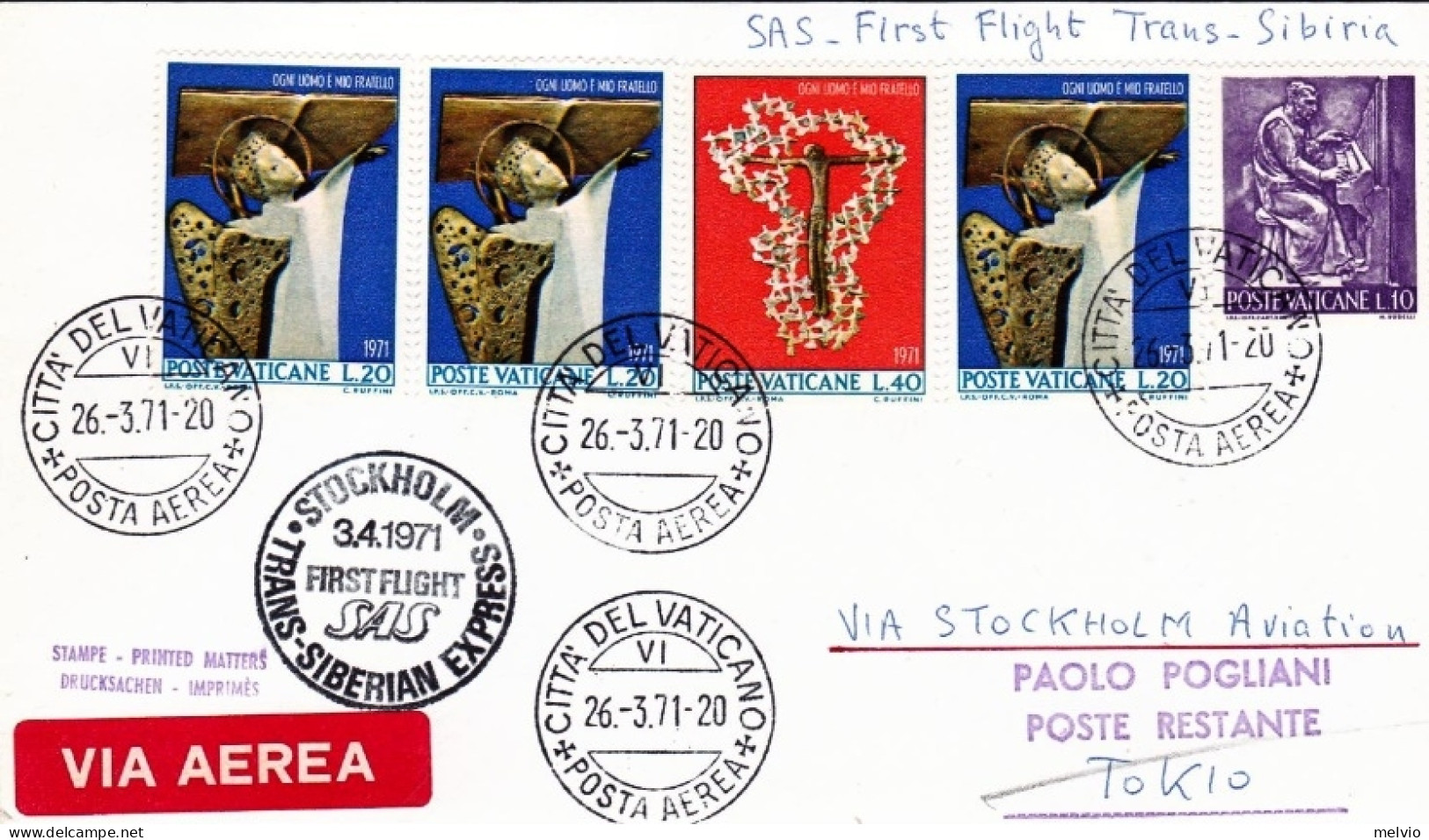 Vaticano-1971 I^volo SAS Transiberiano Express Stoccolma Tokio Del 3 Aprile - Airmail