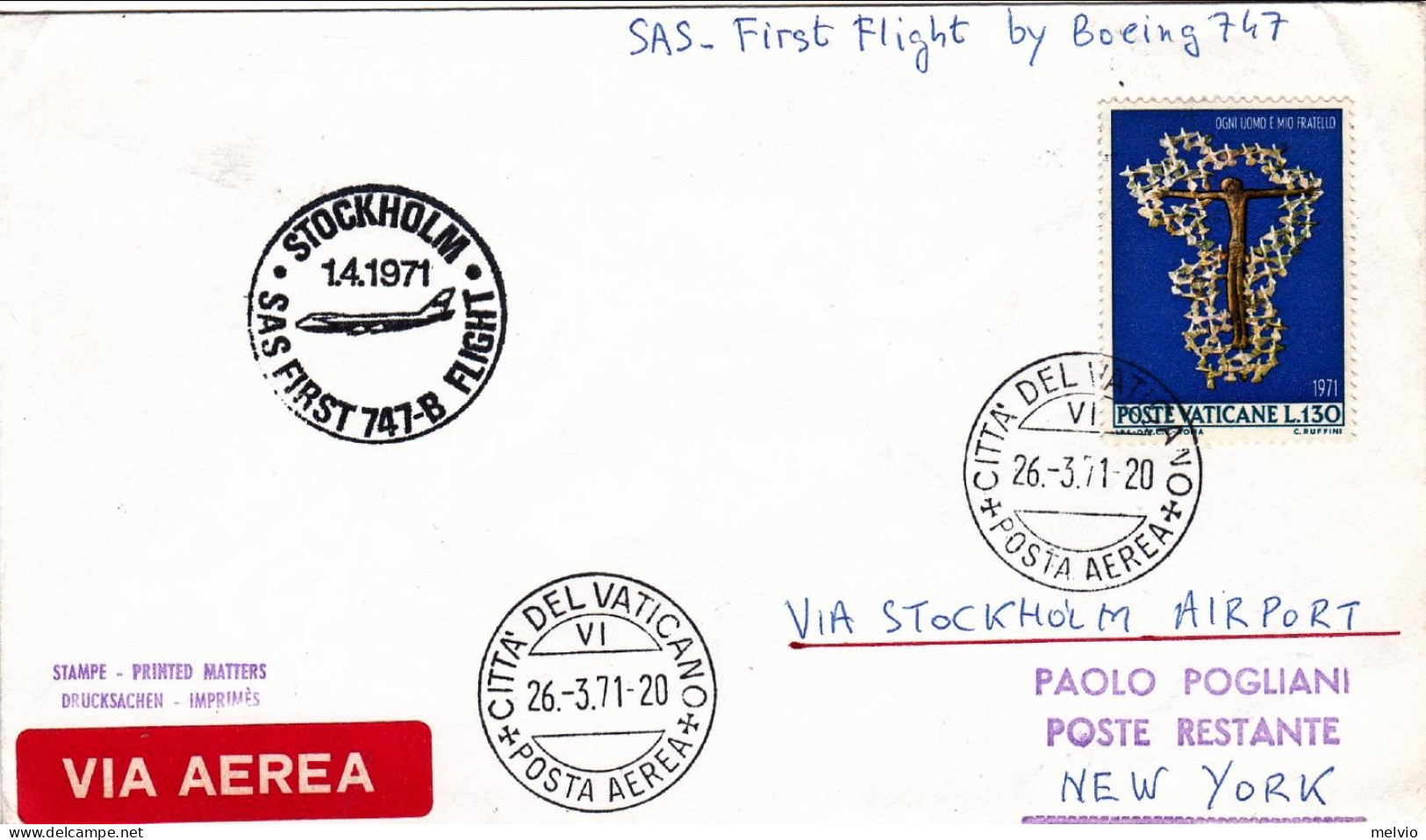 Vaticano-1971  I^volo SAS 747 B Stoccolma New York Dell'1 Aprile - Airmail