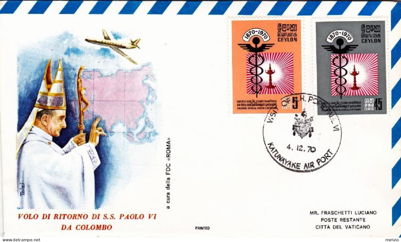 1970-Ceylon Papale Volo Di Ritorno Di Sua Santita' Paolo VI Da Colombo - Airmail