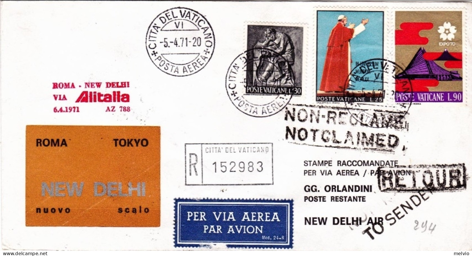 Vaticano-1971 Raccomandata I^volo Alitalia AZ 788 Roma New Delhi Del 6 Aprile - Airmail