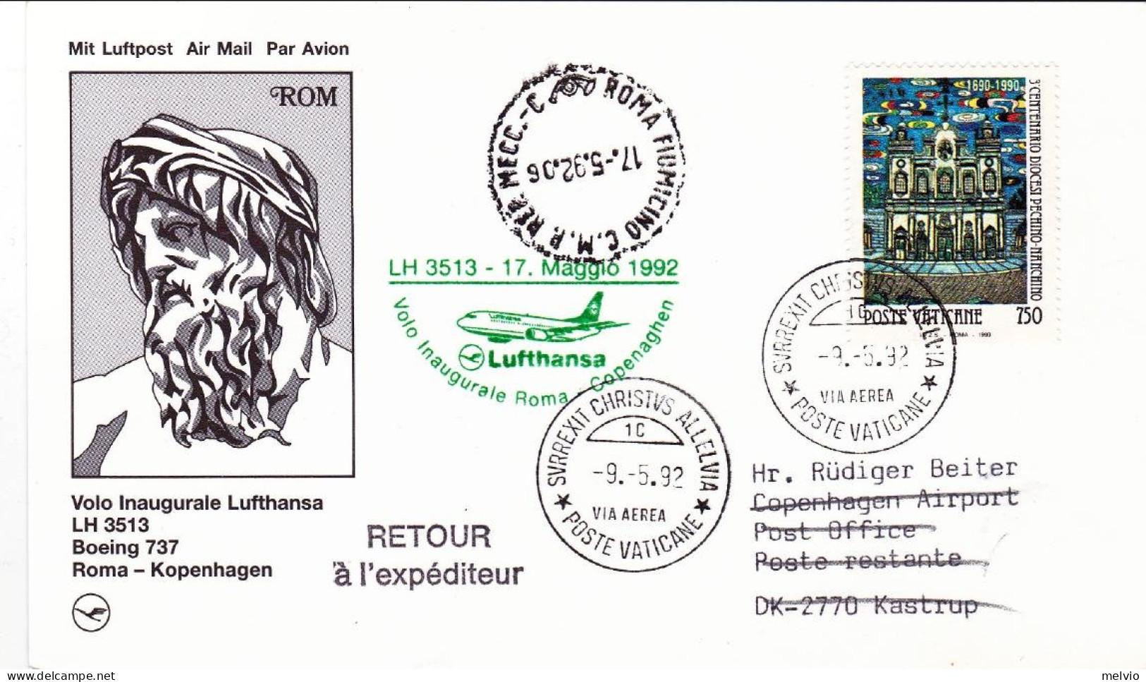 Vaticano-1992  Cartolina Illustrata I^volo Lufthansa LH 3513 Roma Copenhagen Del - Airmail