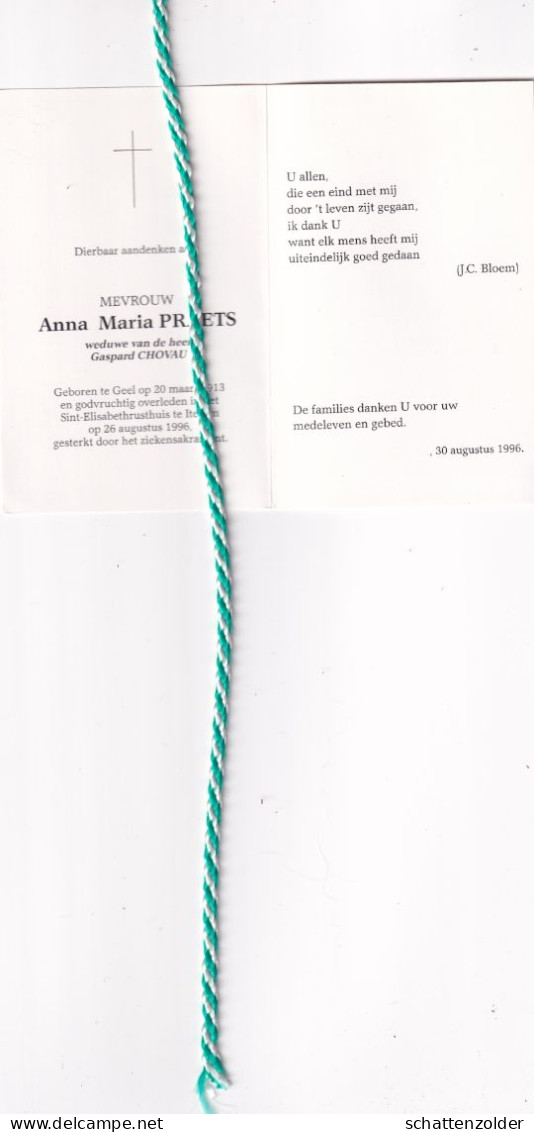 Anna Maria Praets-Chovau, Geel 1913, Itegem 1996. - Obituary Notices