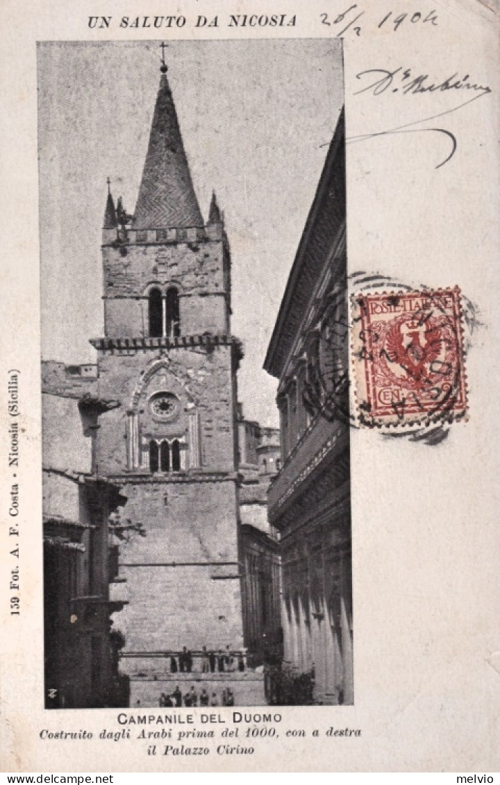 1904-Un Saluto Da Nicosia Catania Campanile Del Duomo Costruito Dagli Arabi Prim - Catania