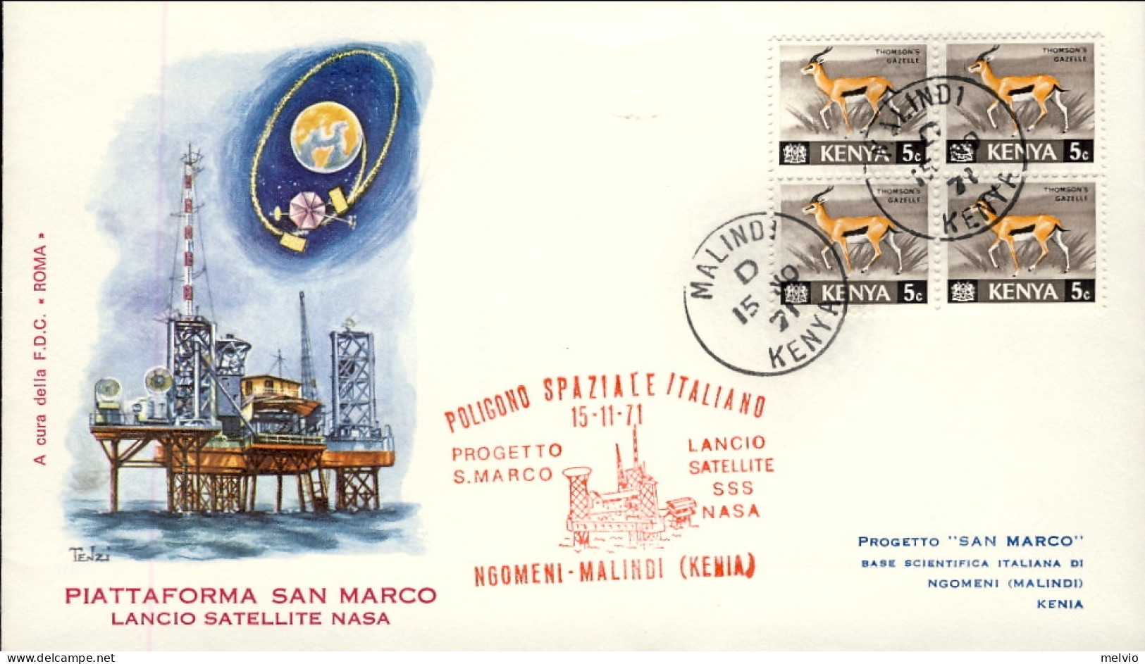 1971-Space Cover Kenya (Malindi) Poligono Spaziale Italiano, Progetto San Marco, - Kenya (1963-...)