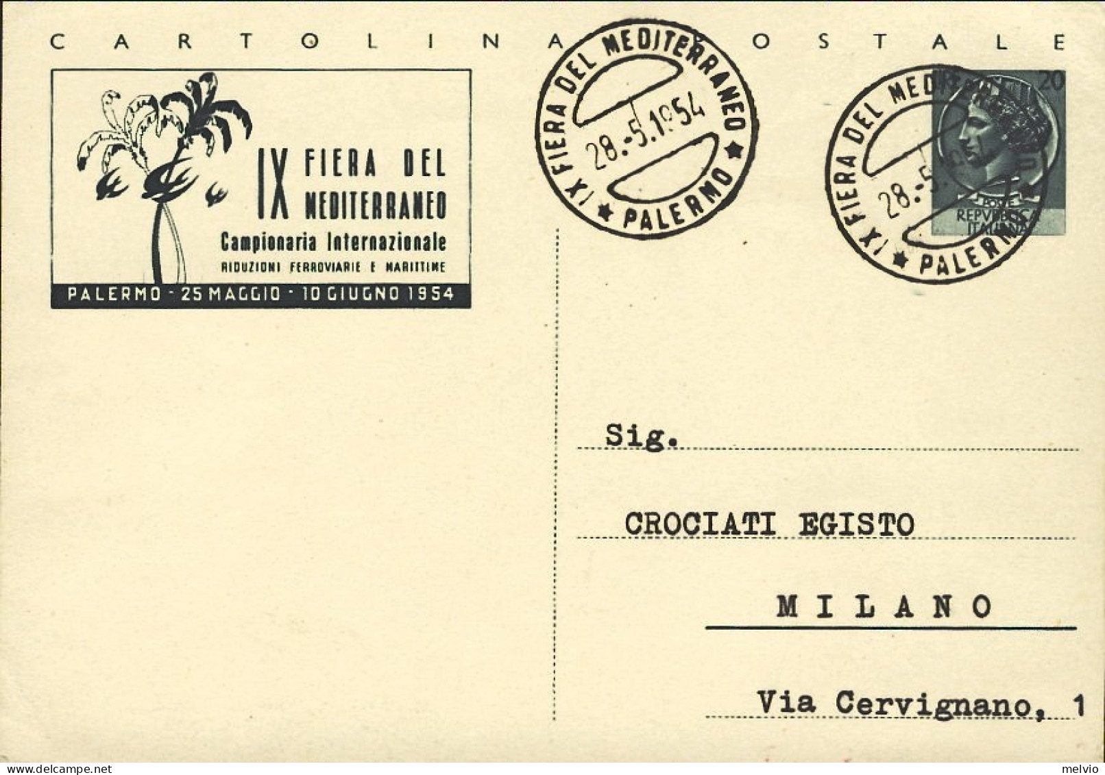 1954-cartolina Postale L.20 IX Fiera Del Mediterraneo E Timbro Della Fiera - Interi Postali