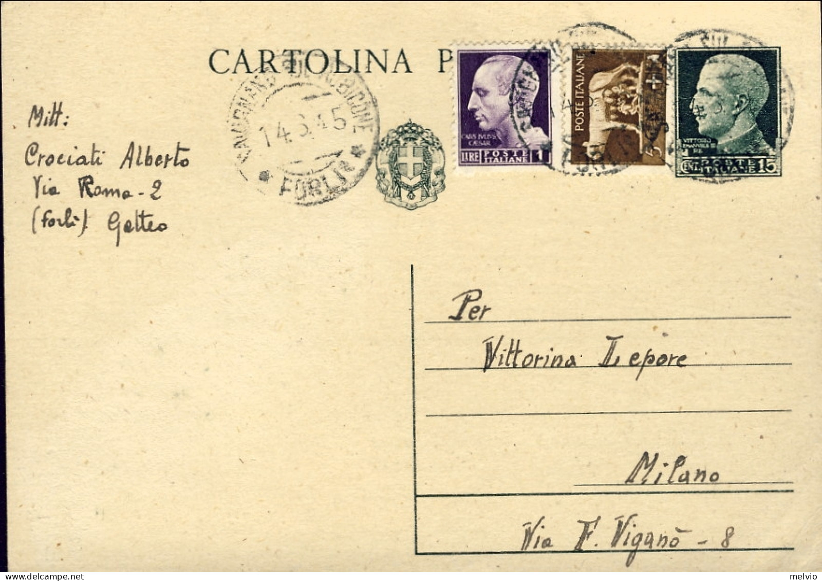1945-cartolina Postale 15c.Imperiale Usata In Periodo Luogotenenziale Annullo De - Storia Postale