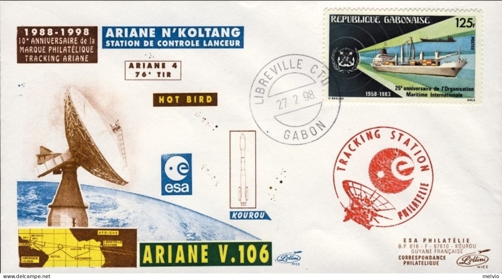 1998-Gabon Space Cover Dal Cosmodromo Di Kourou (Guyana Francese) Tracking Arian - Gabon (1960-...)